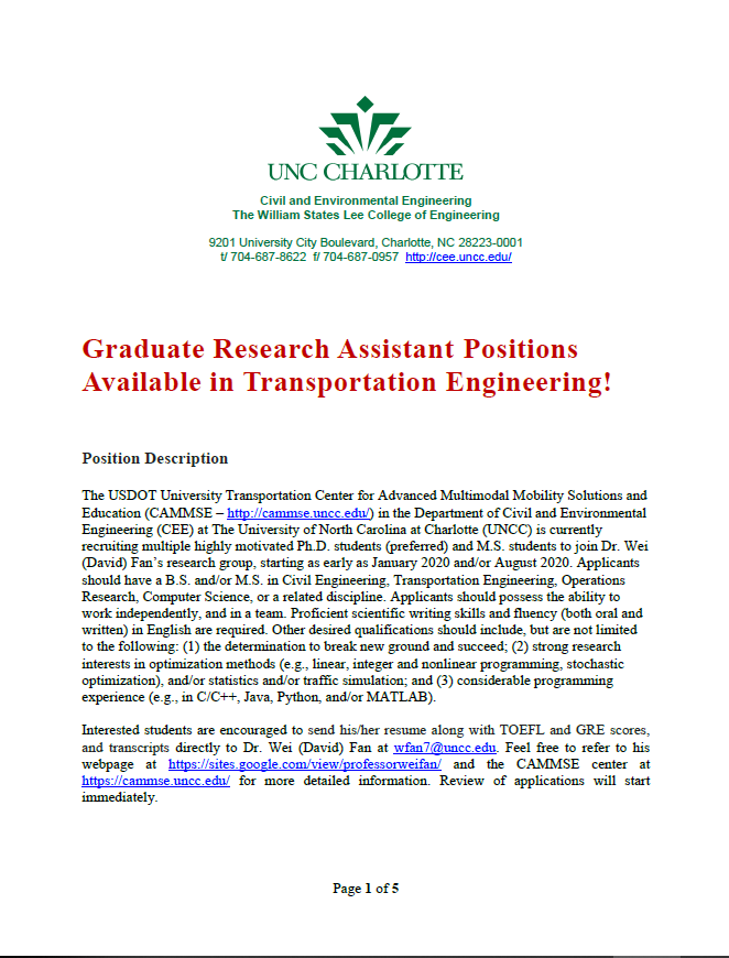 美国北卡夏洛特UNCC招收2020Fall交通方向全奖PHD